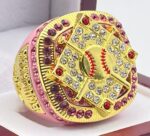 5 STAR DIAMOND SERIES CHAMPION RING --- PINK BODY, CLEAR STONES, RED LACES (Item #37-148)
