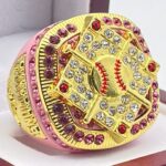 5 STAR DIAMOND SERIES CHAMPION RING --- PINK BODY, CLEAR STONES, RED LACES (Item #37-148)