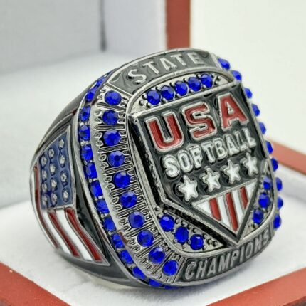 USA STATE CHAMPION RING --- GUN METAL BODY, BLUE STONES, OFFICIAL LOGO (Item #39-40)