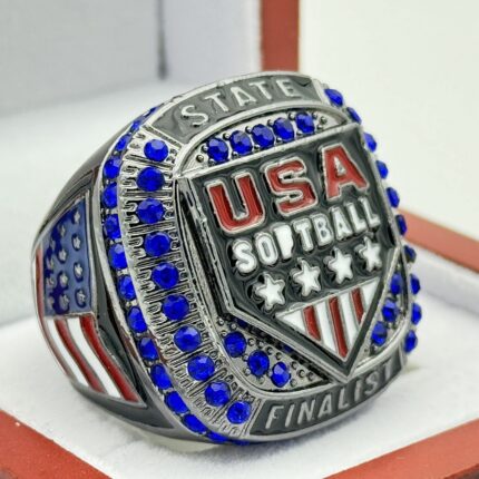 USA STATE FINALIST RING --- GUN METAL BODY, BLUE STONES, OFFICIAL LOGO (Item #39-37)