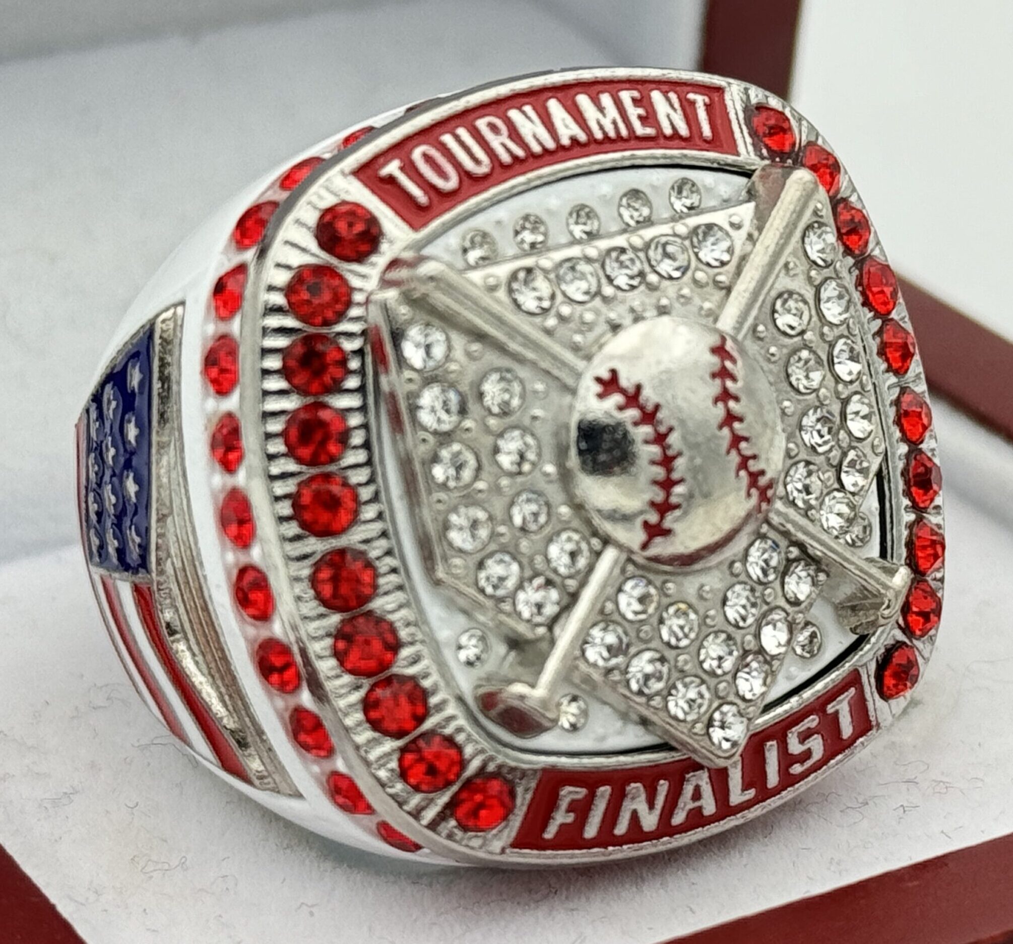 IMG_6760 5 STAR HOME PLATE FINALIST RING --- WHITE BODY, RED STONES (Item #37-29) - Image 1