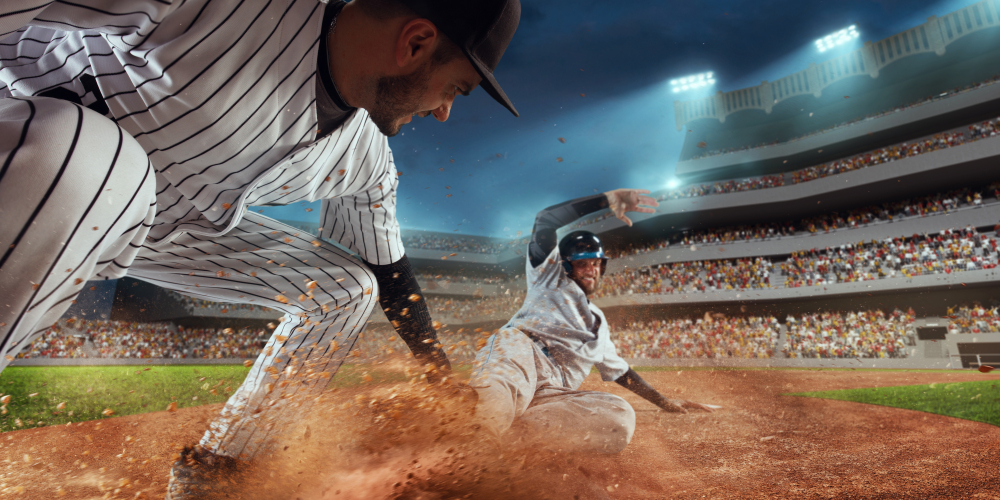 Baseball players on professional dramatic stadium. Baseball tagged out