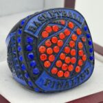 BASKETBALL FINALIST RING --- BLACK BODY, BLUE PAINT, ORANGE STONES ON BALL (Item #52-17)