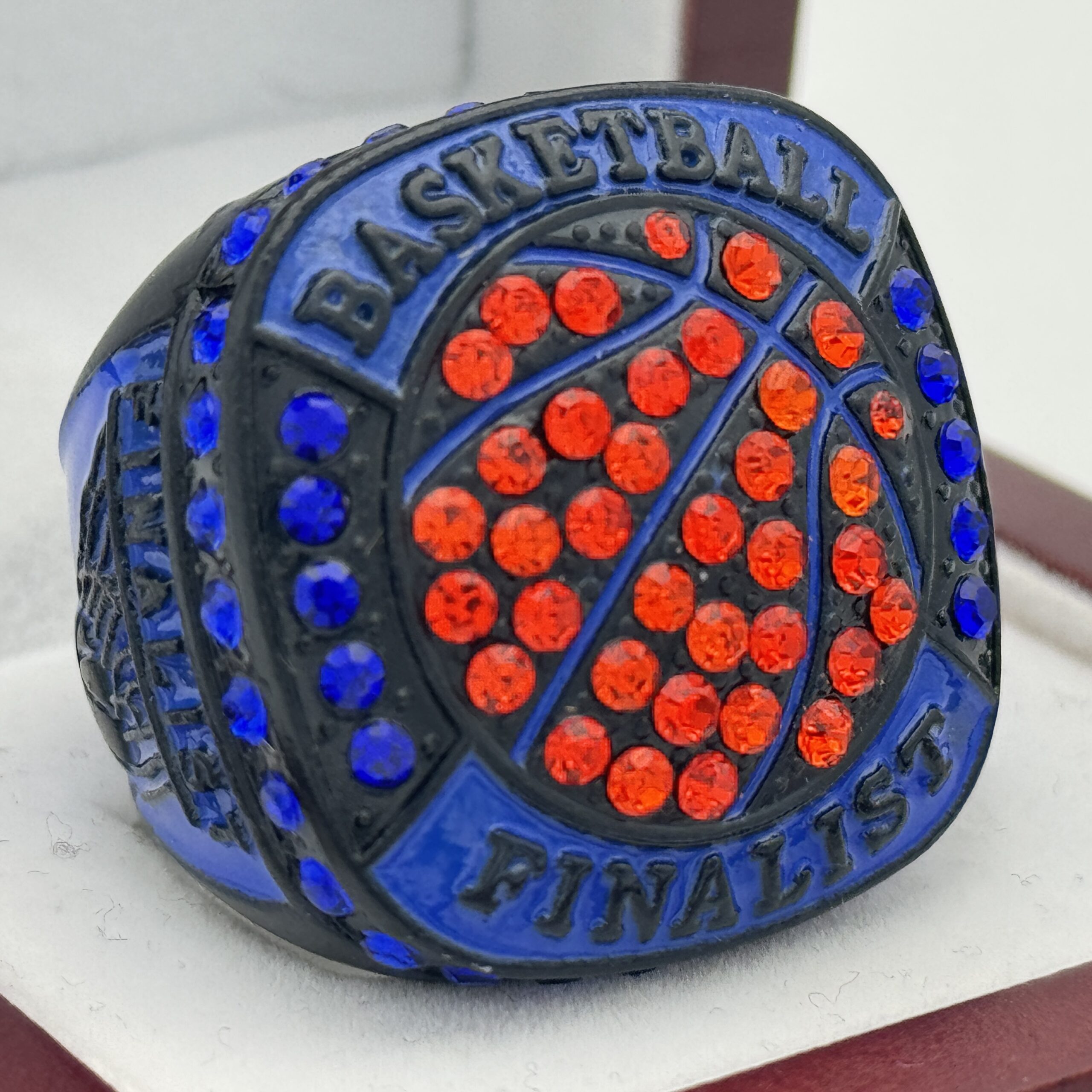 IMG_2707 BASKETBALL FINALIST RING --- BLACK BODY, BLUE PAINT, ORANGE STONES ON BALL (Item #52-17) - Image 1