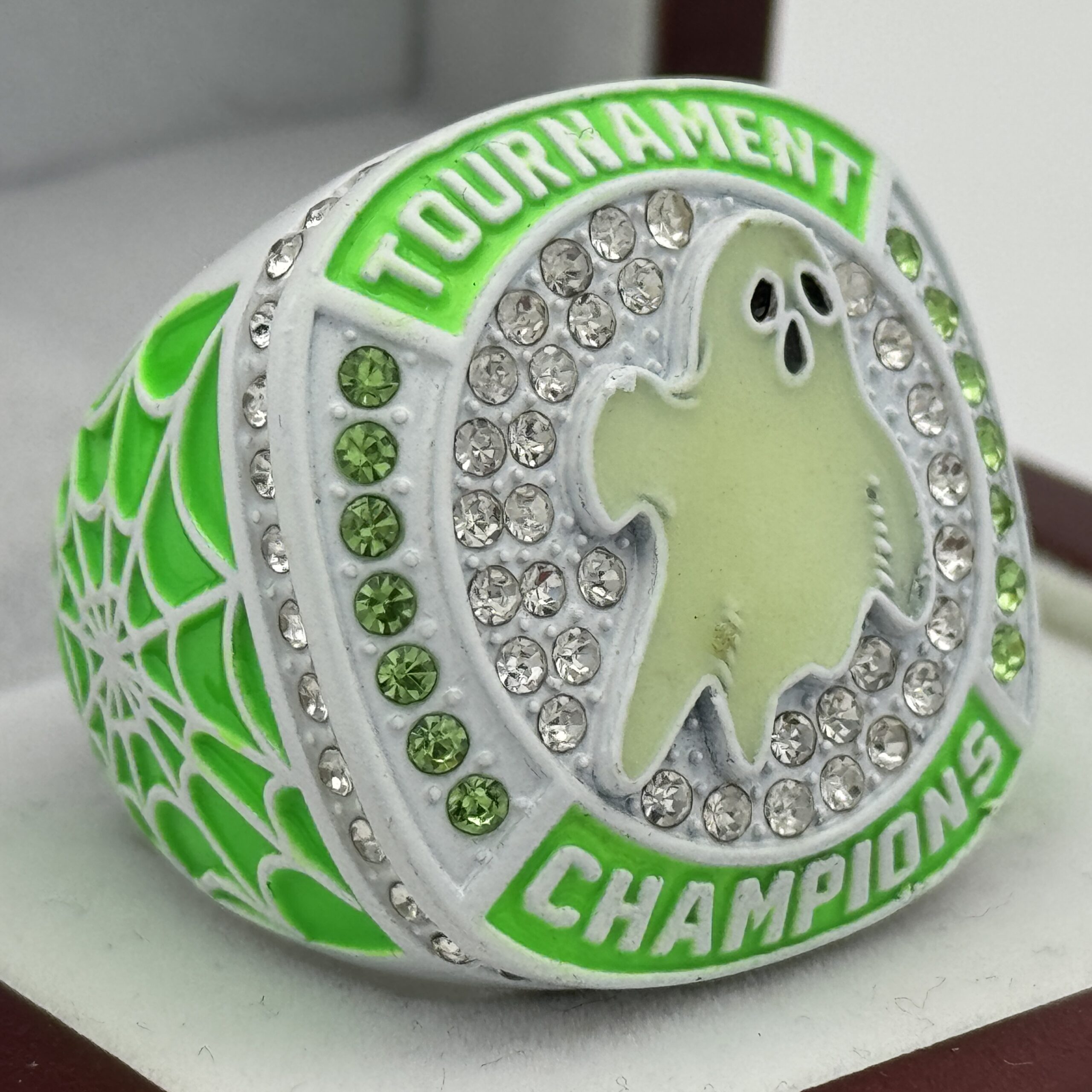 IMG_2856 GLOWING GHOST CHAMPION RING --- WHITE BODY, GREEN STONES (Item#43-108) - Image 1