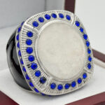 ROUND ADD YOUR LOGO RING --- SILVER BODY, BLUE STONES, 2 ENGRAVABLE SIDES (Item #58-193)