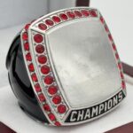 SQUARE ADD YOUR LOGO CHAMPION RING --- SILVER BODY, RED STONES, 2 ENGRAVABLE SIDES (Item #59-176)