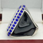 SQUARE ADD YOUR LOGO CHAMPION RING --- SILVER BODY, BLUE STONES, 2 ENGRAVABLE SIDES (Item #59-184) - Image 2