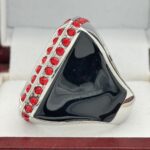 SQUARE ADD YOUR LOGO RING --- SILVER BODY, RED STONES, 2 ENGRAVABLE SIDES (Item #58-197) - Image 2