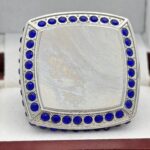 SQUARE ADD YOUR LOGO RING --- SILVER BODY, BLUE STONES, 2 ENGRAVABLE SIDES (Item #58-205) - Image 3