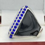 SQUARE ADD YOUR LOGO RING --- SILVER BODY, BLUE STONES, 2 ENGRAVABLE SIDES (Item #58-205) - Image 2
