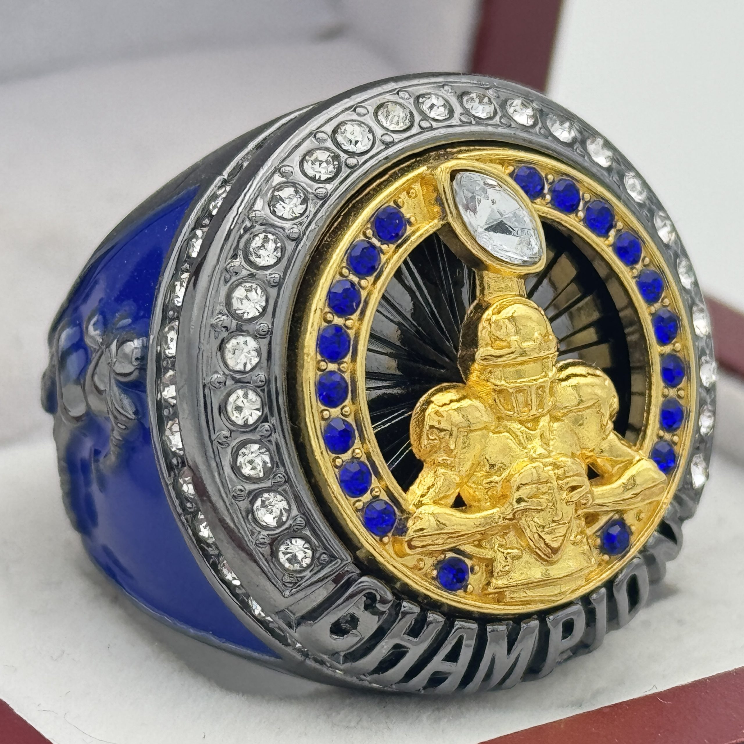 IMG_5611 ELITE FOOTBALL CHAMPION RING --- GUN METAL BODY, BLUE STONES (Item #51-08) - Image 1