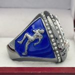 ELITE FOOTBALL FINALIST RING --- GUN METAL BODY, BLUE STONES (Item #51-05) - Image 4