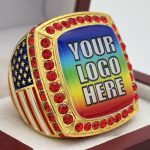 SQUARE ADD YOUR LOGO RING --- GOLD BODY, RED STONES (Item #58-224)