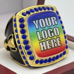 SQUARE ADD YOUR LOGO RING --- GOLD BODY, BLUE STONES (Item #58-232)