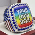 SQUARE ADD YOUR LOGO RING --- SILVER BODY, BLUE STONES (Item #58-229)