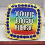 SQUARE ADD YOUR LOGO RING --- GOLD BODY, BLUE STONES (Item #58-232) - Image 3