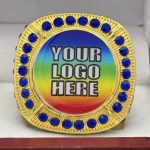 ROUND ADD YOUR LOGO RING --- GOLD BODY, BLUE STONES (Item #58-220) - Image 3