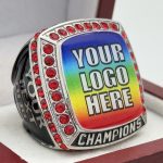 SQUARE ADD YOUR LOGO CHAMPION RING --- SILVER BODY, RED STONES, 2 ENGRAVABLE SIDES (Item #59-176)
