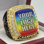 SQUARE ADD YOUR LOGO CHAMPION RING --- GOLD BODY, CLEAR STONES, 2 ENGRAVABLE SIDES (Item #58-180)