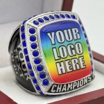 SQUARE ADD YOUR LOGO CHAMPION RING --- SILVER BODY, BLUE STONES, 2 ENGRAVABLE SIDES (Item #59-184)