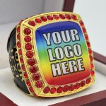 SQUARE ADD YOUR LOGO RING --- GOLD BODY, RED STONES, 2 ENGRAVABLE SIDES (Item #58-200)