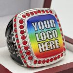 SQUARE ADD YOUR LOGO RING --- SILVER BODY, RED STONES, 2 ENGRAVABLE SIDES (Item #58-197)