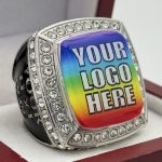 SQUARE ADD YOUR LOGO RING --- SILVER BODY, CLEAR STONES, 2 ENGRAVABLE SIDES (Item #58-201)