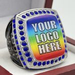 SQUARE ADD YOUR LOGO RING --- SILVER BODY, BLUE STONES, 2 ENGRAVABLE SIDES (Item #58-205)