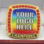 SQUARE ADD YOUR LOGO CHAMPION RING --- GOLD BODY, RED STONES, 2 ENGRAVABLE SIDES (Item #58-176) - Image 3