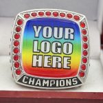 SQUARE ADD YOUR LOGO CHAMPION RING --- SILVER BODY, RED STONES, 2 ENGRAVABLE SIDES (Item #59-176) - Image 3