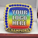 SQUARE ADD YOUR LOGO CHAMPION RING --- GOLD BODY, BLUE STONES, 2 ENGRAVABLE SIDES (Item #58-184) - Image 3