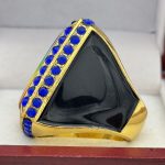 SQUARE ADD YOUR LOGO CHAMPION RING --- GOLD BODY, BLUE STONES, 2 ENGRAVABLE SIDES (Item #58-184) - Image 2