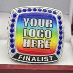 SQUARE ADD YOUR LOGO FINALIST RING --- SILVER BODY, BLUE STONES, 2 ENGRAVABLE SIDES (Item #58-181) - Image 3