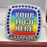SQUARE ADD YOUR LOGO CHAMPION RING --- SILVER BODY, BLUE STONES, 2 ENGRAVABLE SIDES (Item #59-184) - Image 3