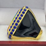 SQUARE ADD YOUR LOGO RING --- GOLD BODY, BLUE STONES, 2 ENGRAVABLE SIDES (Item #58-208) - Image 2
