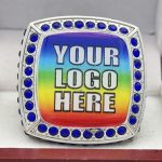 SQUARE ADD YOUR LOGO RING --- SILVER BODY, BLUE STONES, 2 ENGRAVABLE SIDES (Item #58-205) - Image 3
