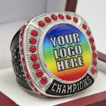 ROUND ADD YOUR LOGO CHAMPION RING --- SILVER BODY, RED STONES, 2 ENGRAVABLE SIDES (Item #59-164)