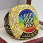 ROUND ADD YOUR LOGO CHAMPION RING --- GOLD BODY, CLEAR STONES, 2 ENGRAVABLE SIDES (Item #58-168)