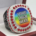 ROUND ADD YOUR LOGO RING --- SILVER BODY, RED STONES, 2 ENGRAVABLE SIDES (Item #58-185)