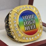 ROUND ADD YOUR LOGO RING --- GOLD BODY, CLEAR STONES, 2 ENGRAVABLE SIDES (Item #58-192)