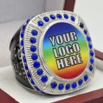 ROUND ADD YOUR LOGO RING --- SILVER BODY, BLUE STONES, 2 ENGRAVABLE SIDES (Item #58-193)