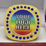 ROUND ADD YOUR LOGO RING --- GOLD BODY, BLUE STONES, 2 ENGRAVABLE SIDES (Item #58-196) - Image 3