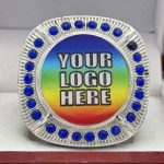 ROUND ADD YOUR LOGO RING --- SILVER BODY, BLUE STONES, 2 ENGRAVABLE SIDES (Item #58-193) - Image 3