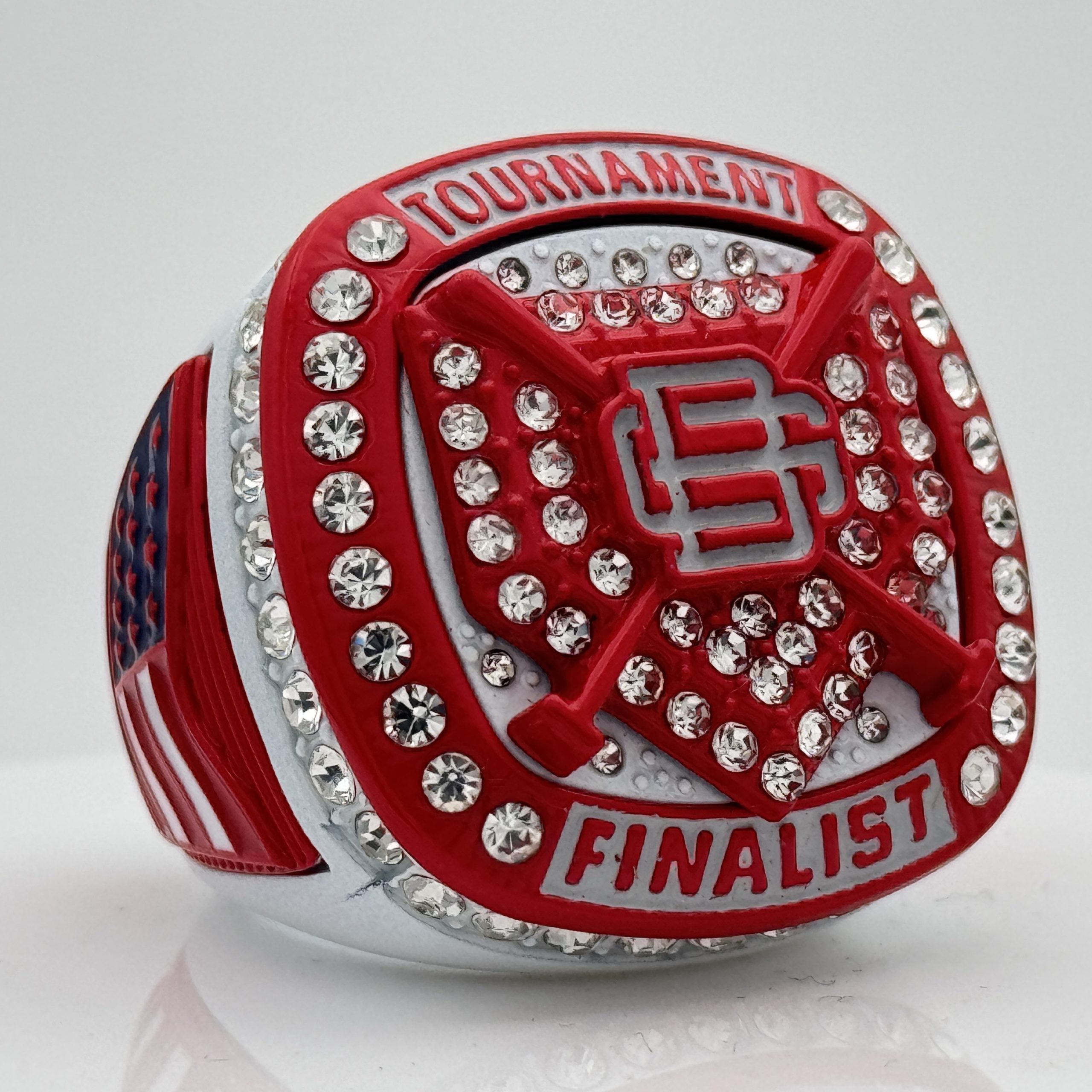 red tournament finalists ring with silver gems