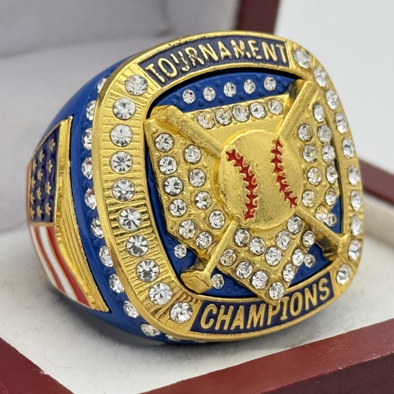 gold and blue championship ring