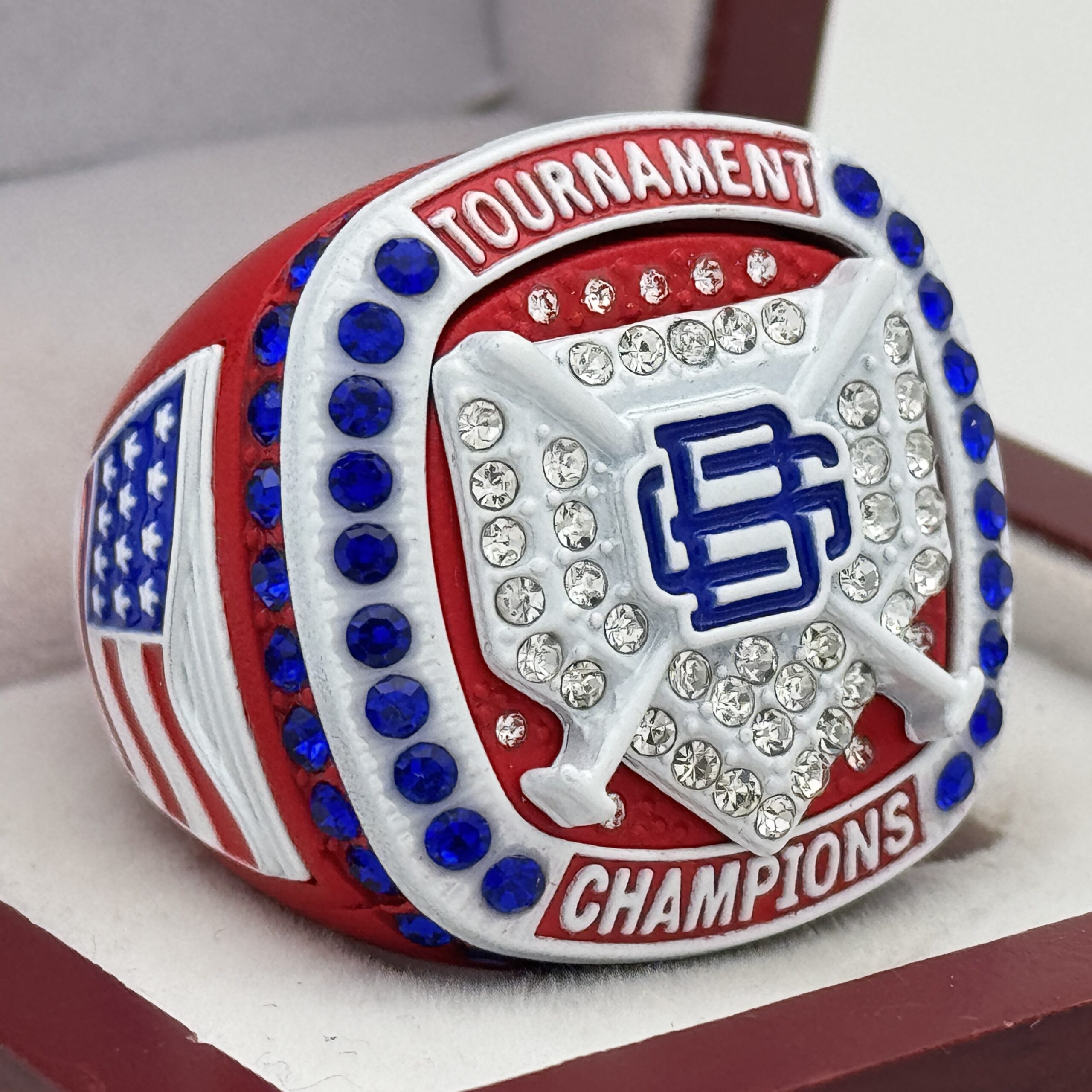 red white and blue baseball championship ring