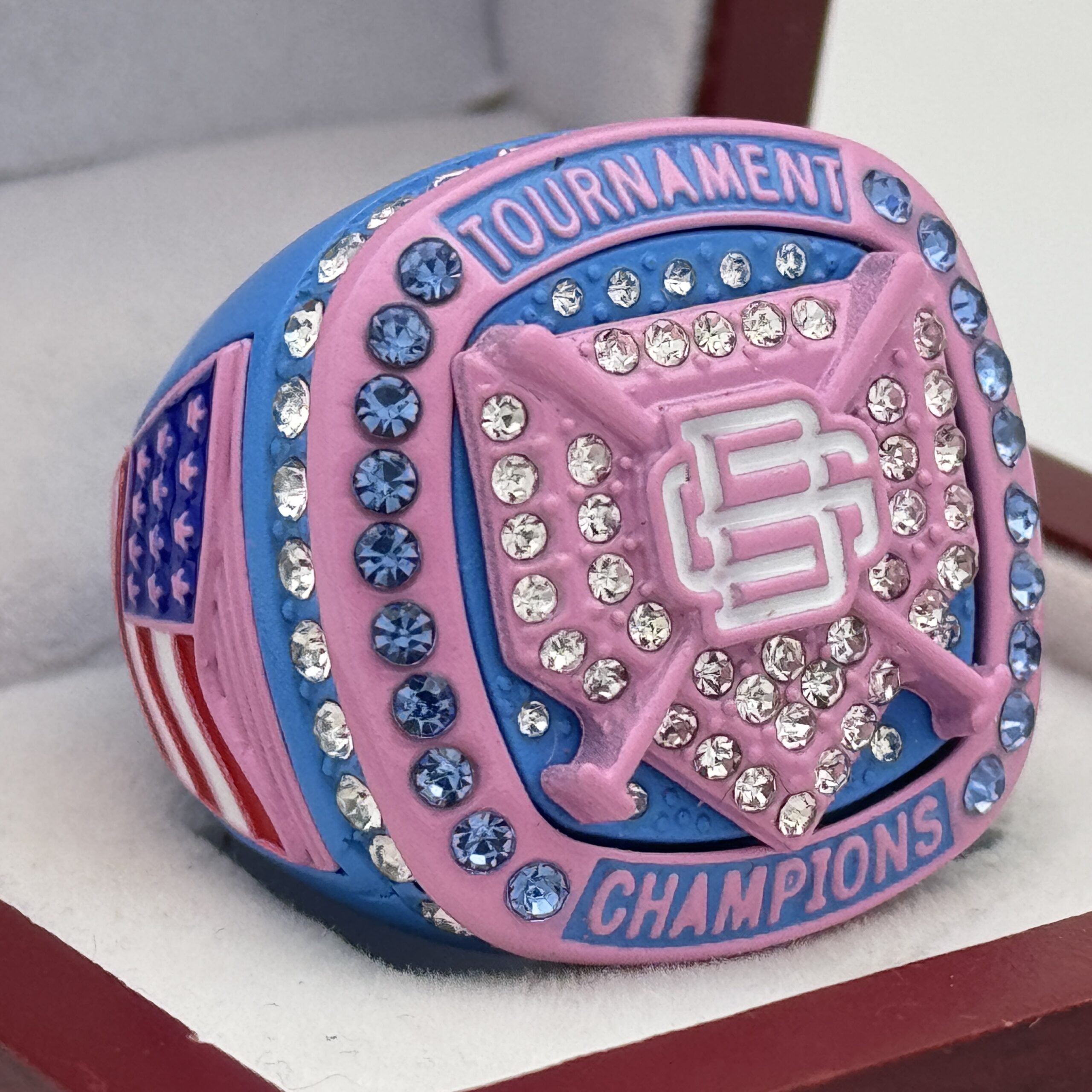 IMG_8410 BG CUSTOM CHAMPION RING --- BLUE BODY, PINK SIDES (Item #58-148) - Image 1