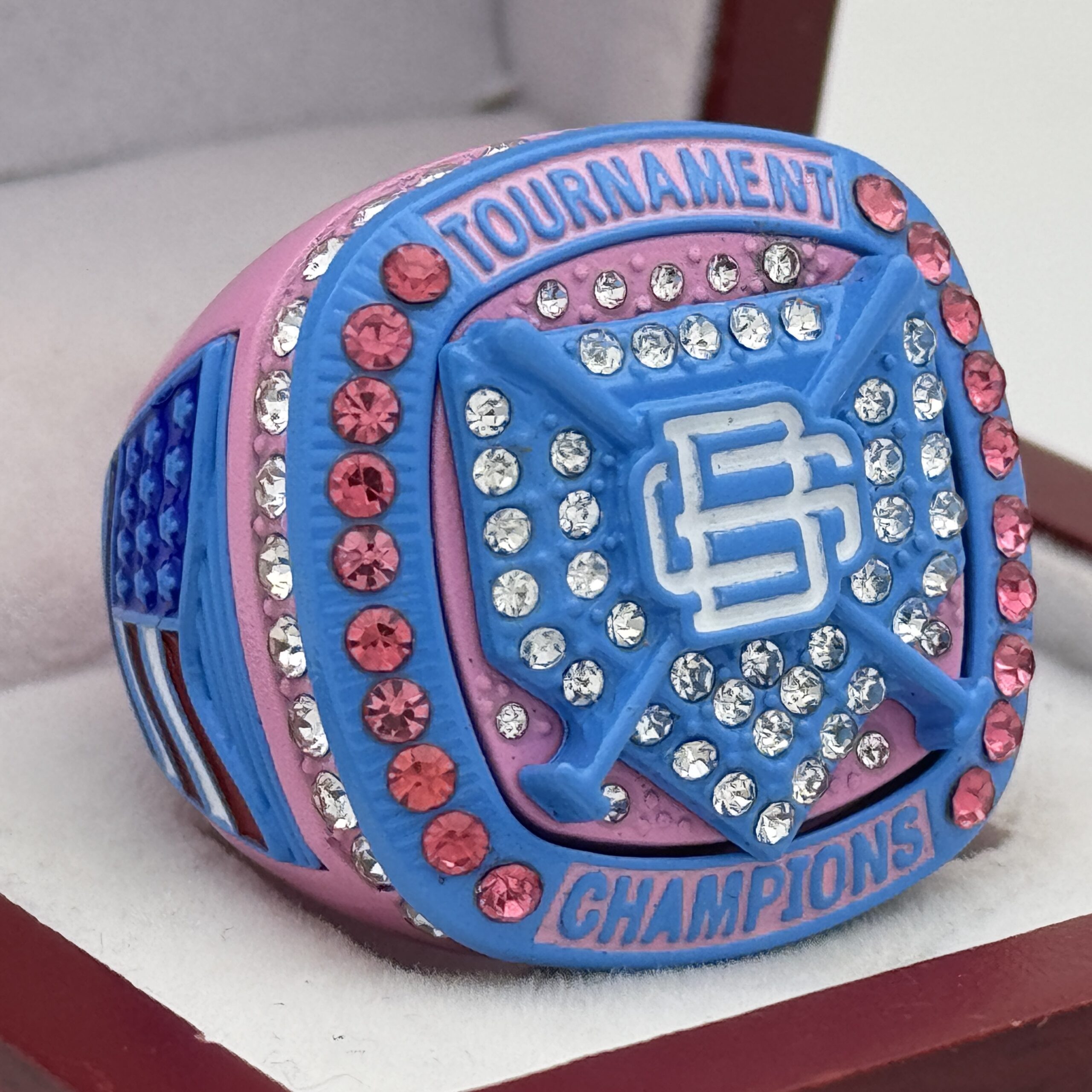 IMG_8415 BG CUSTOM CHAMPION RING --- PINK BODY, BLUE SIDES (Item #58-132) - Image 1