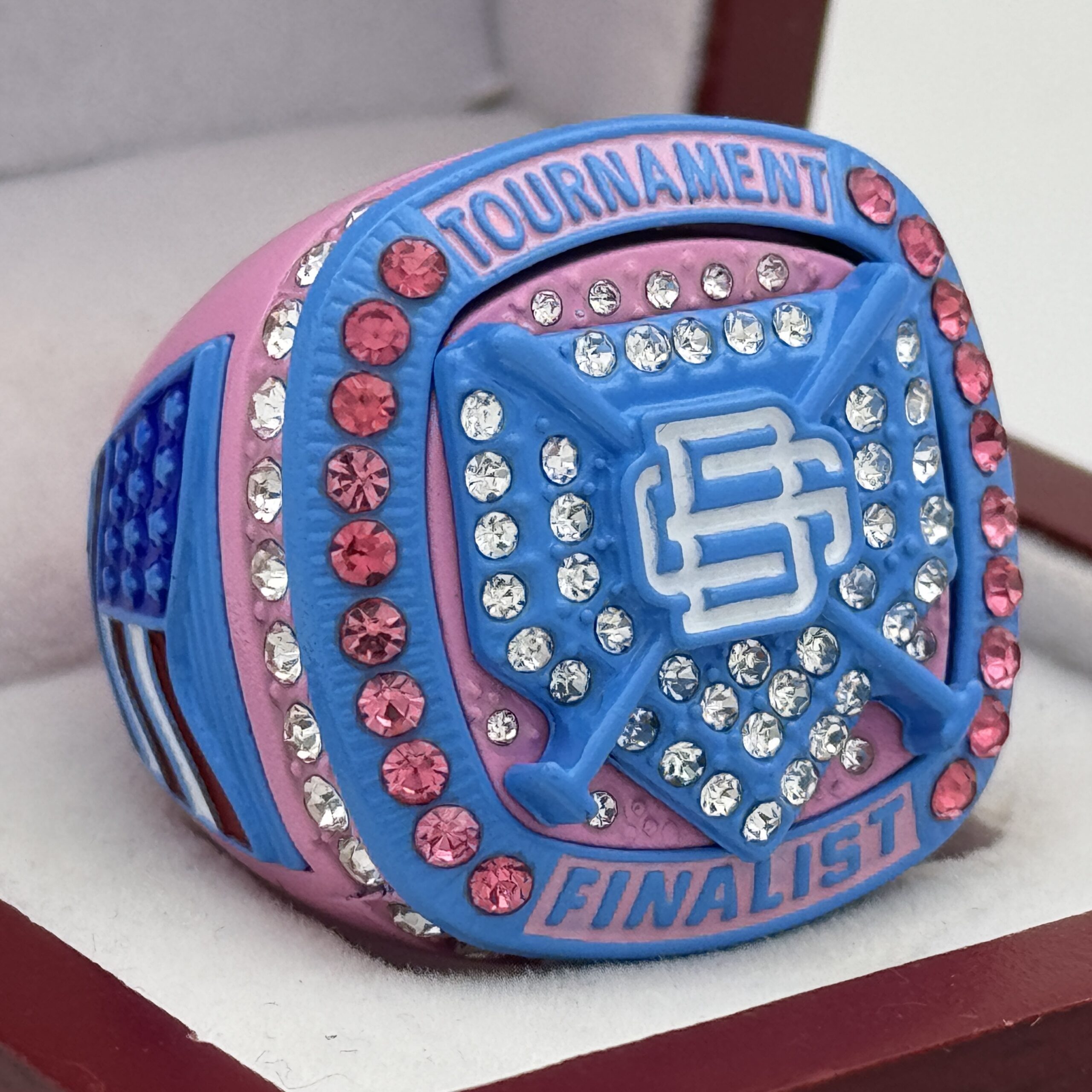 IMG_8422 BG CUSTOM FINALIST RING --- PINK BODY, BLUE SIDES (Item #58-129) - Image 1